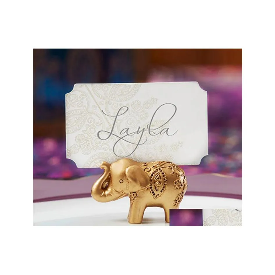 Andra evenemangsfest levererar 100st Golden Gold Lucky Elephant Place Card Holder Holder Namn Nummer Tabell Bröllop Favor Gift Unique DHY2C