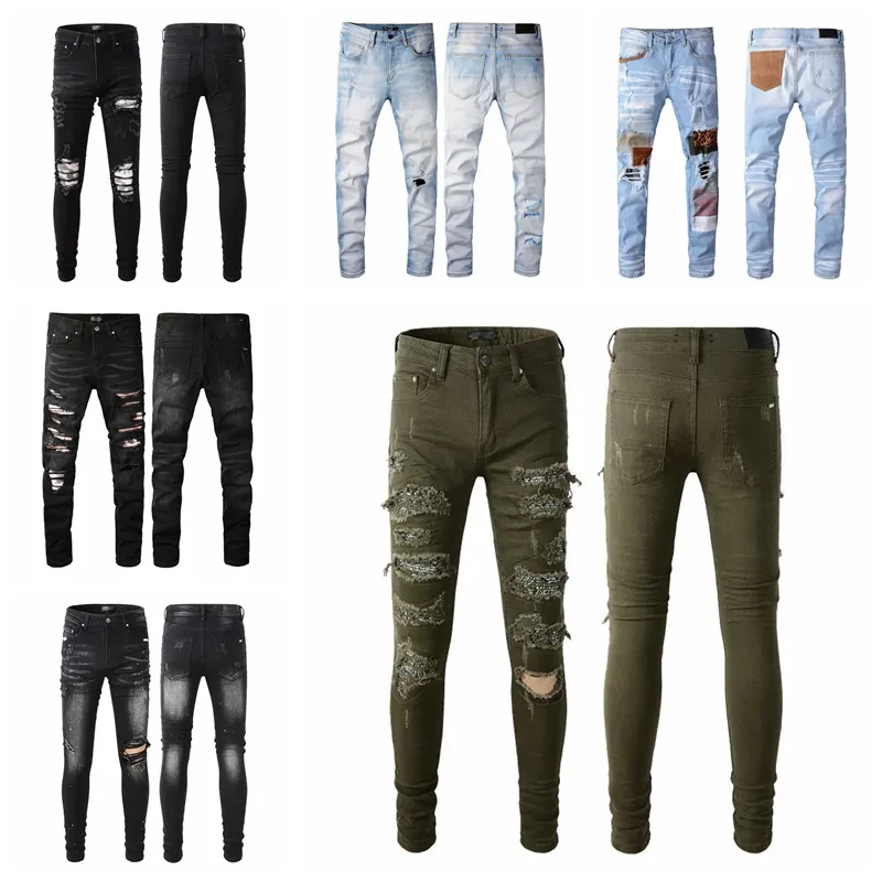 Gescheurde Mode Amirr Heren Jeans Kleding Designer Broek Lichtblauw Heren Slim Denim Rechte Biker Gat Hip Hop Jeans Heren