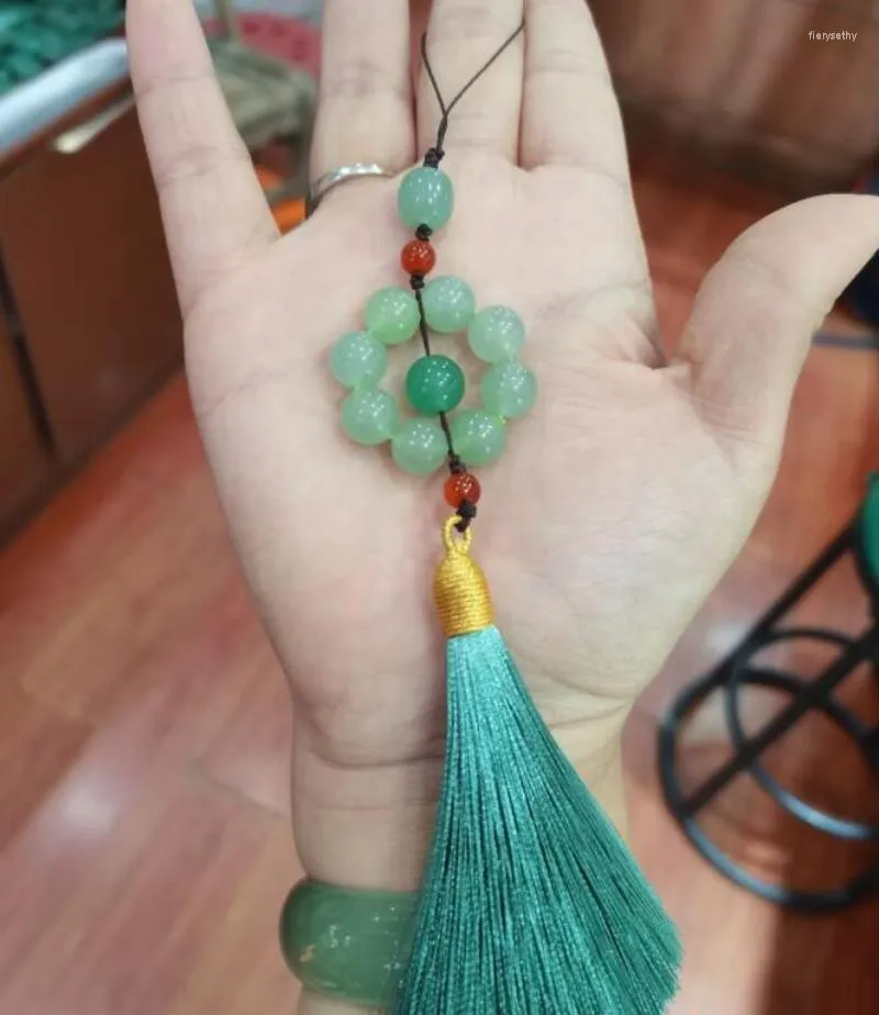 Keychains Green Dongling Jade Stone Beads Tassel Phone Chain Key Tibetan Buddhist Mala Buddha Charm Rosary Yoga Men Woman Jewelry