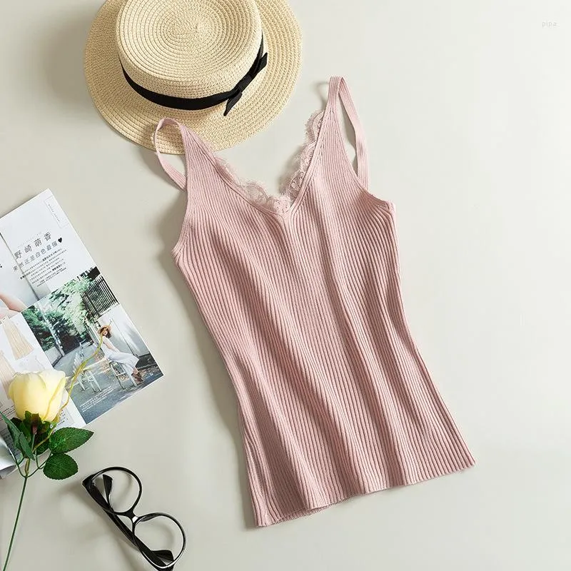 Women's Tanks 2023 Spring Hook Flower Lace Solid Stitching V-neck Camis Female Knitted Short Section Slim Outer Wear Shirt Trend Tank Tops