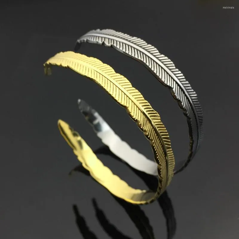 Bangle C-Shaped Tibetan Silver Feather Bracelet Stainless Steel Opening Cuff Bangles Personality Gift For Friends Lovers YP8958