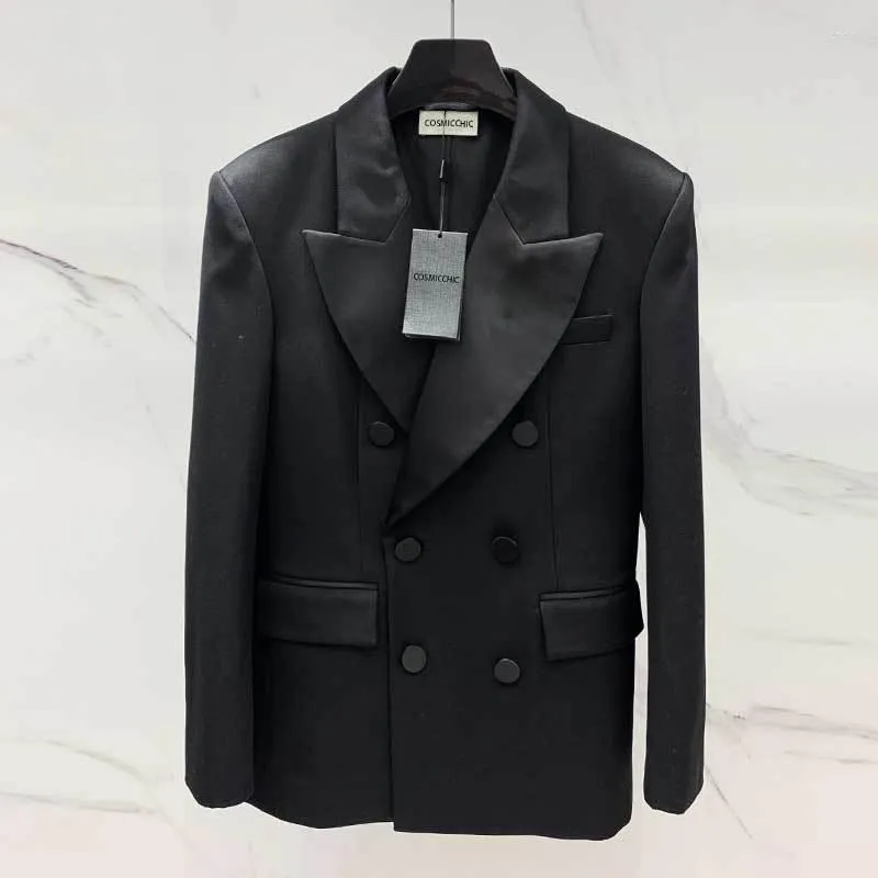 Vestes pour femmes Mode Laine Noir Veste Manteau Piste Desgin Double Boutonnage Revers Taille Lâche Fumer Blazer Bureau Femmes Épaulettes