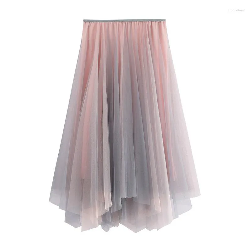 Gonne Rosa Verde Irregolare Midi Lungo Tulle Gonna A-line Donna 2023 Autunno Inverno Dolce Sfumatura di Colore A Vita Alta Femminile