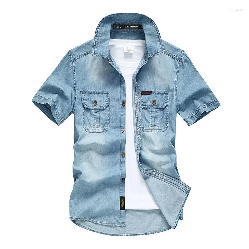 Casual shirts voor heren zomermerk denim shirt heren katoen kort mouw turn down kraag heren slank fit heren jeans chemise homme