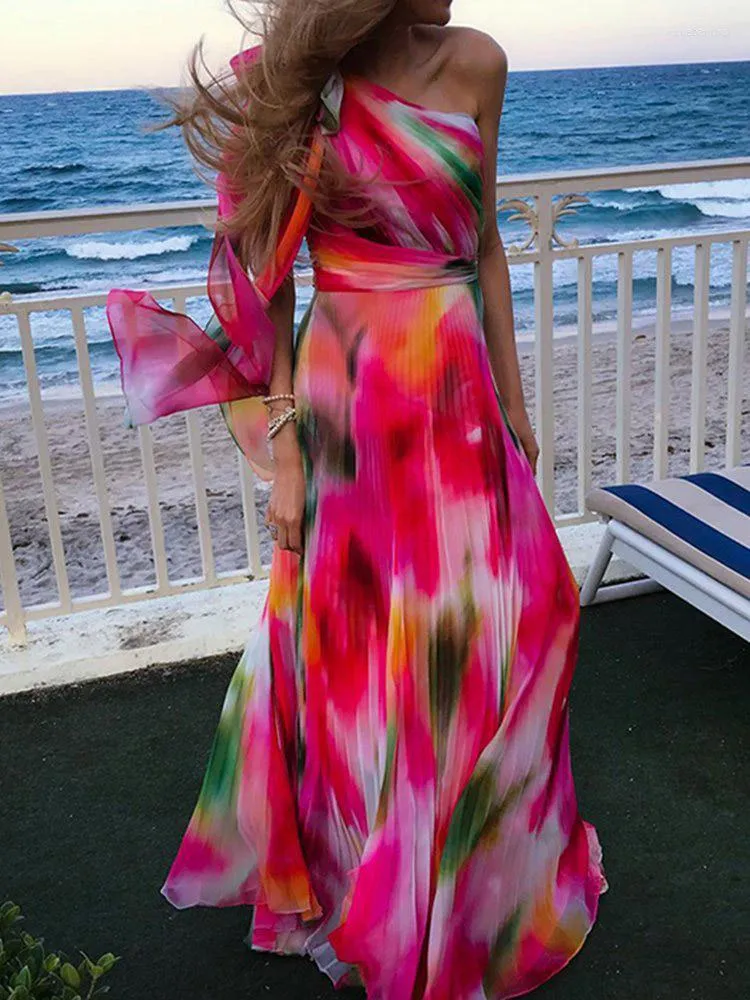 Robes décontractées Summer Femmes Beach Style Robe de soirée élégante Plis doux sans manches Impression Dames Maxi Collier Collier Streetwear Robes