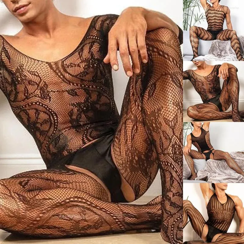 Erkek Çorap Erkek Fetiş Dantel Iç Çamaşırı erkek vücut çorabı Adam File Bodysuits Crotchless Iç Çamaşırı Sissy Tulum Erkek Erotik