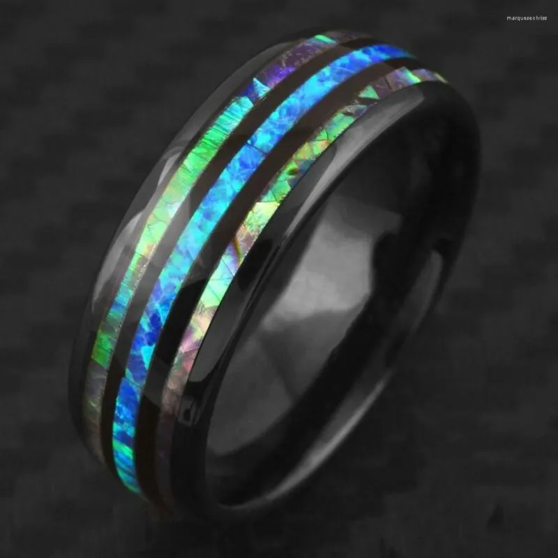 Wedding Rings Men&#39;s Fashion Engraved 8MM Stainless Steel Abalone &amp; Hawaiian Blue Opal Ring Mens Engagement Band Cocktail