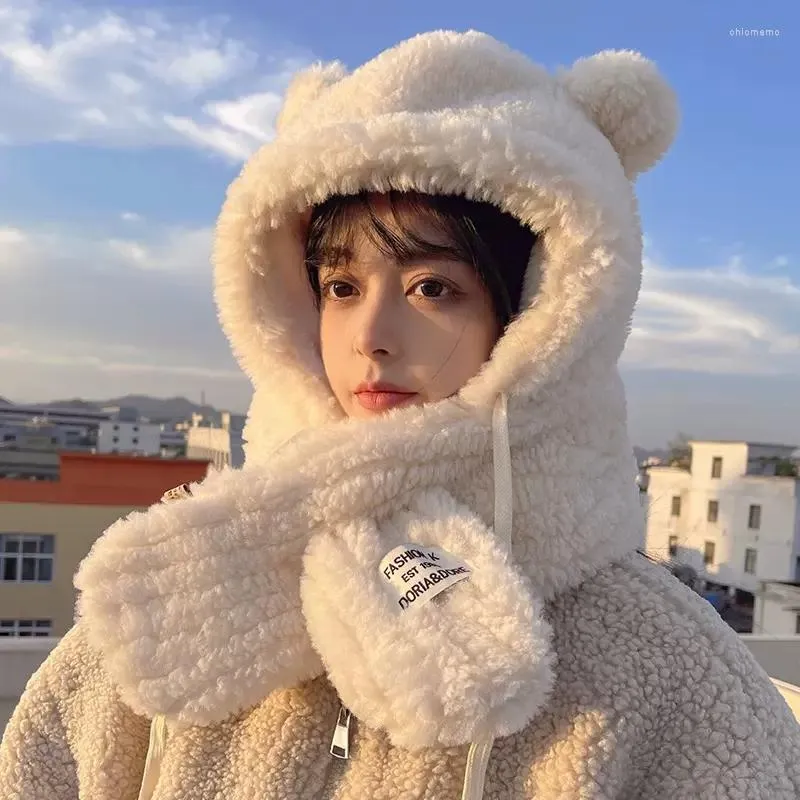 Berretti EUMOAN Versione coreana della sciarpa del cappello dell'orso di peluche Una donna autunno e inverno carino bavaglino con cappuccio in due pezzi ciclismo caldo