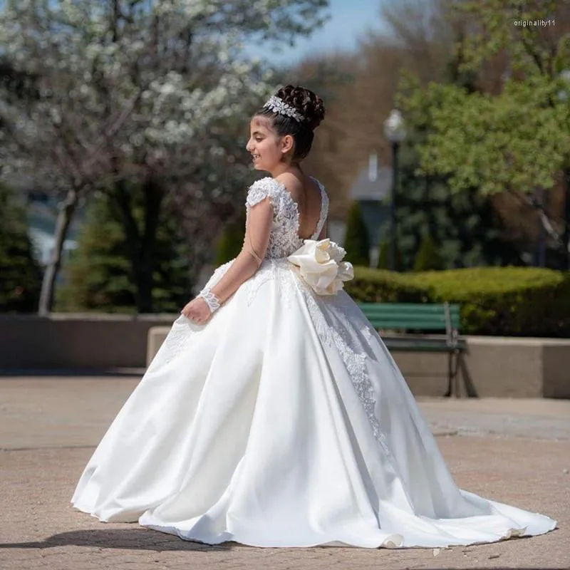 Abiti da ragazza formale principessa fiore per matrimoni pizzo applique abito da ballo a maniche lunghe trasparente abito da compleanno per ragazze senza schienale gonfio