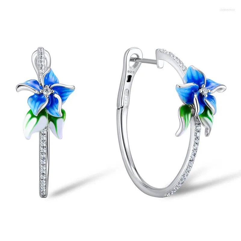 Kolczyki obręcze romantyczny srebrny kwiat szkliwa dla kobiet połysk biały cZ kamienna mikro utwardzona moda biżuteria prezent imprezowy