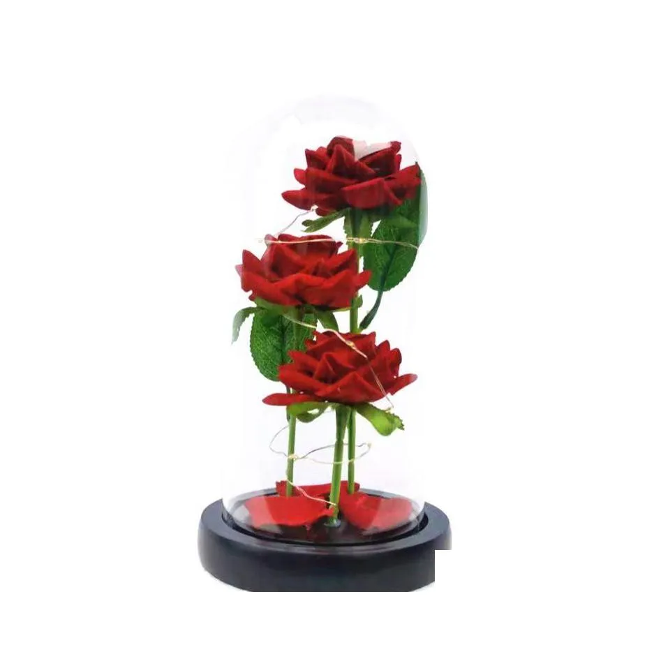 Dekoracyjne kwiaty wieńce sztuczne wieczne tkaniny róża światła LED Piękno bestia w szklanym wystroju domu na rok walentynki chłon