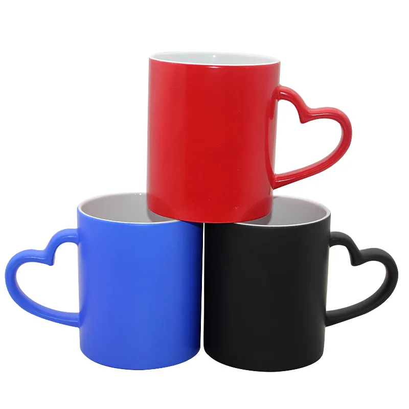 Sublimation Céramique Mat Tasses Eau Chaude Changement De Couleur Tasses Coeur Poignées DIY Impression Personnalisée LOGO Photo Texte Creative Valentines Cadeau FY5662 ss0118