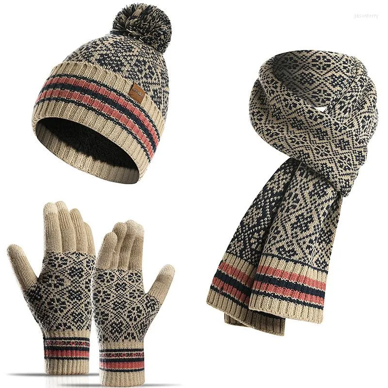 Berets Winter Winter Hat Dicf and Glove مجموعة للرجال نساء نسخًا بالإضافة إلى الصوف مع قفازات شاشة لمس الكرة المشعر