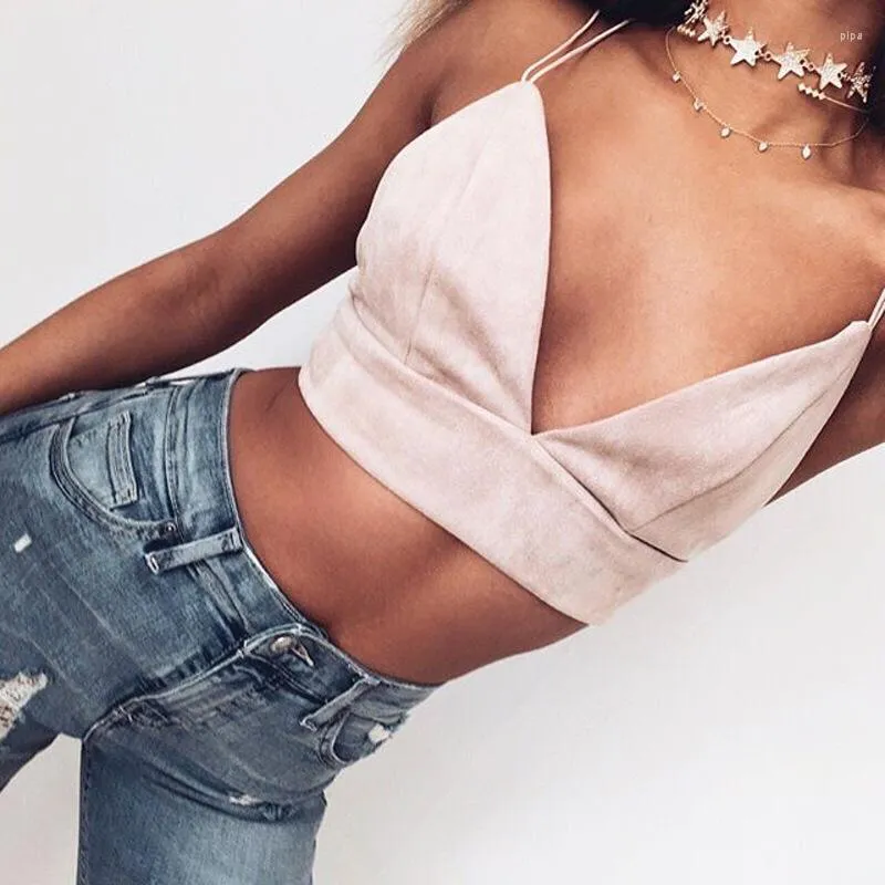 Женские танки 2023 Bralette Crop Top Sexy Sexy Pink Strappy Suede Suede Cami Camisole Women Tops