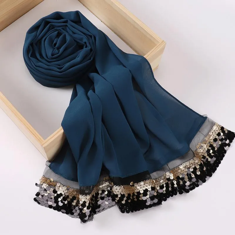 Etniska kläder Premium Tunga chiffon -paljetter Hijab Shinny Good Stitching Plain Scarf Muslim Shawl Soft Turban Head Wraps Pannband