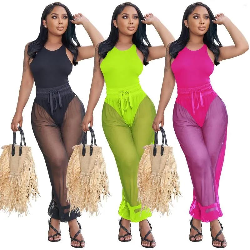 Women's Two Piece Pants 2023 Fashion Women 2 Set Sexy Tank Bodysuit Bodycon Mesh Leggings Evening Nightclub Clothes Bulk Item Wholesale