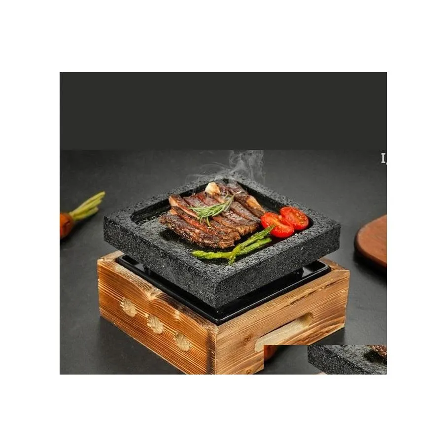 BBQ Grills Mini Barbecue Grill Table Groove Rock Baking Pan Teppanyaki Steak Plate High Temperatur Slate RRF12835 Drop Delivery Hom OT0W4