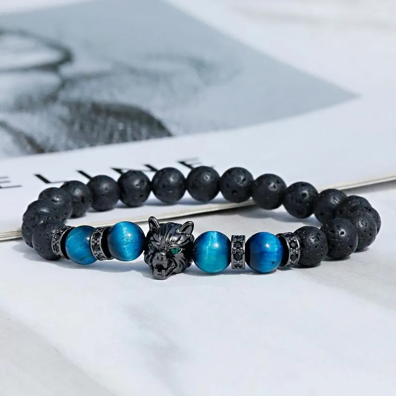 Strand Gothic Wolf Leopard Charm Bracelet para hombres Natural Lava Volcano Stone Blue Black Beads Pulseras hechas a mano 8mm Beaded Jewelry