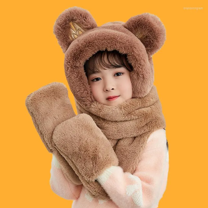 Berretti 3-12 anni Ragazzi Ragazze Inverno Bambino Novità Cappellini Caldo Simpatico orso Orecchio Cappello Sciarpa di peluche casual Guanti Set Bambini