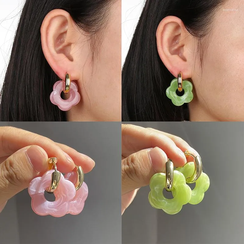 Hoepel oorbellen hars bloem koper Korea mode vrouwen acrylbloemen oorr earring goud kleur ronde cirkel sieraden cadeau