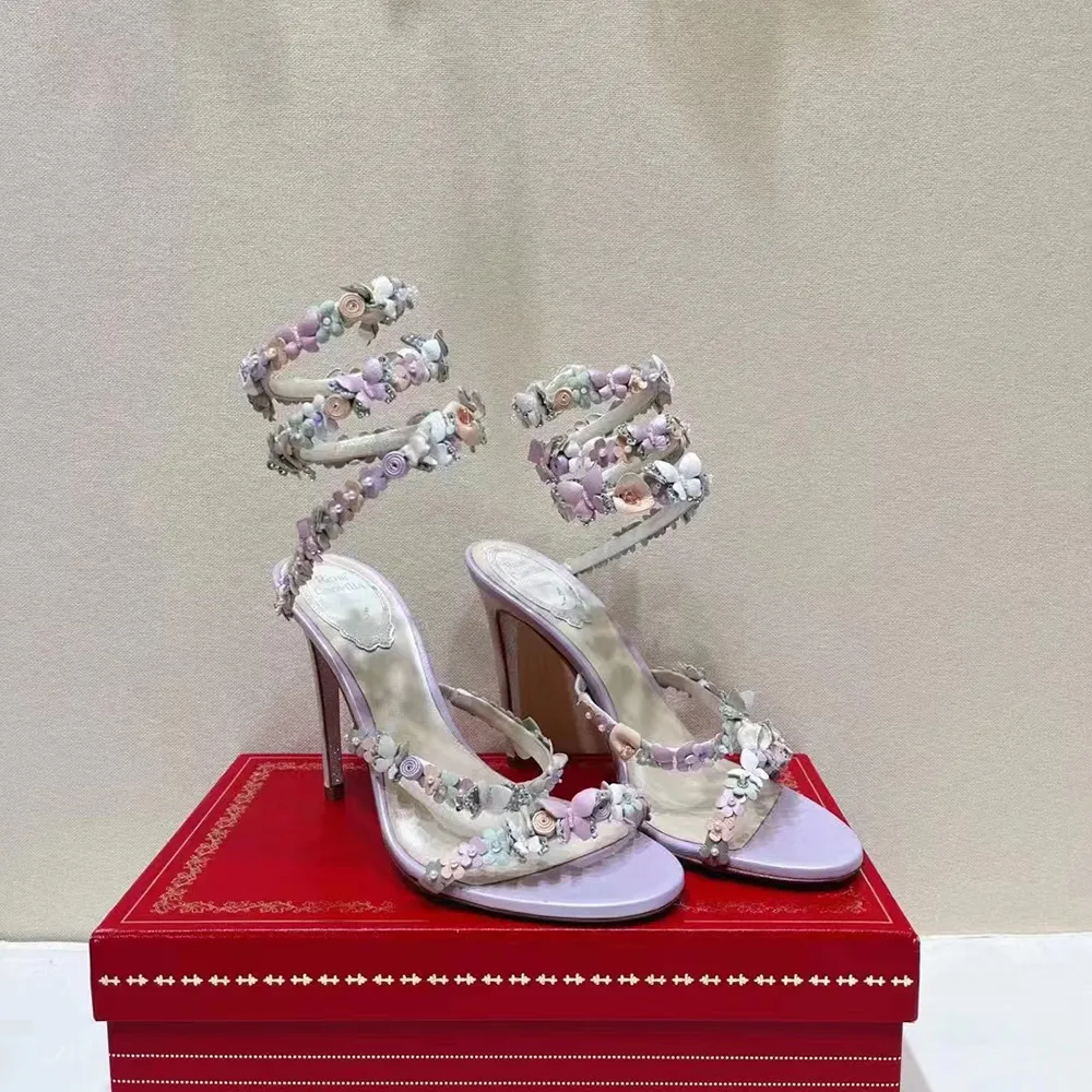 Rene Caovilla Stiletto Crystal Decoration Sandals 여성 이브닝 드레스 슈즈 9.5cm 자주색 꽃 뱀 래피어 랩 어라운드 디자이너 여성 발 뒤꿈치