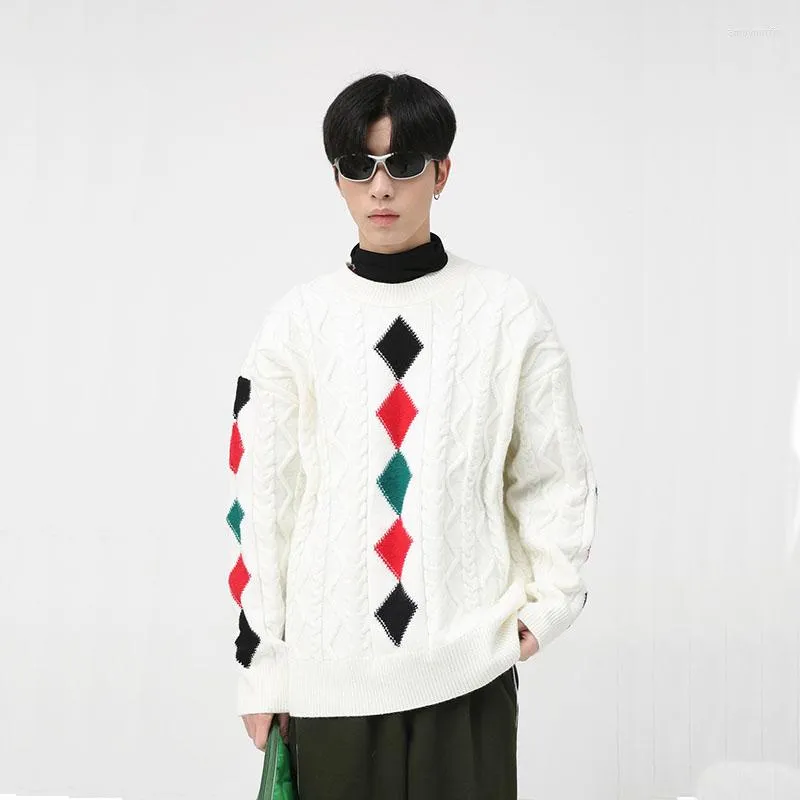 Herrtröjor Autumn Winter Men's Argyle Pullover Tröja Fashion Personlighet Enkel vintage Jumper O Neck Jacquard Knit unisex