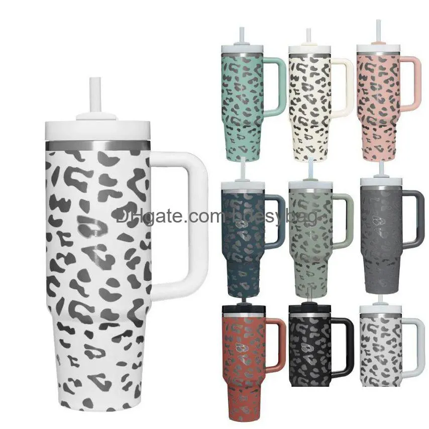 Tumblers 40Oz Stainless Steel Tumbler With Handle Lid St Big Capacity Beer Mug Leopard Water Bottle Stanley Outdoor Cam Cup Vacuum I Dh5Fe
