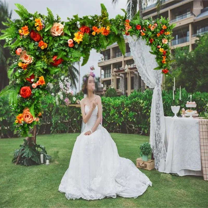 Flores decorativas Rosas peônias românticas com grama verde grama de casamento parede artificial de seda arco decoração de arco de seda