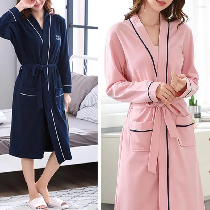 Ropa de dormir para mujer Moda Mujer Suave Manga larga Color sólido Bolsillos Albornoz Bata de baño Vestido de casa