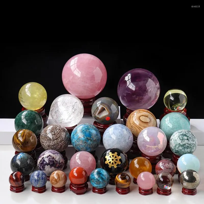 Estatuetas decorativas bola de cristal natural bola rosa quartzo reiki cura lazuli ametista pedra esfera mesa de decoração de casa de decoração de casa VIP