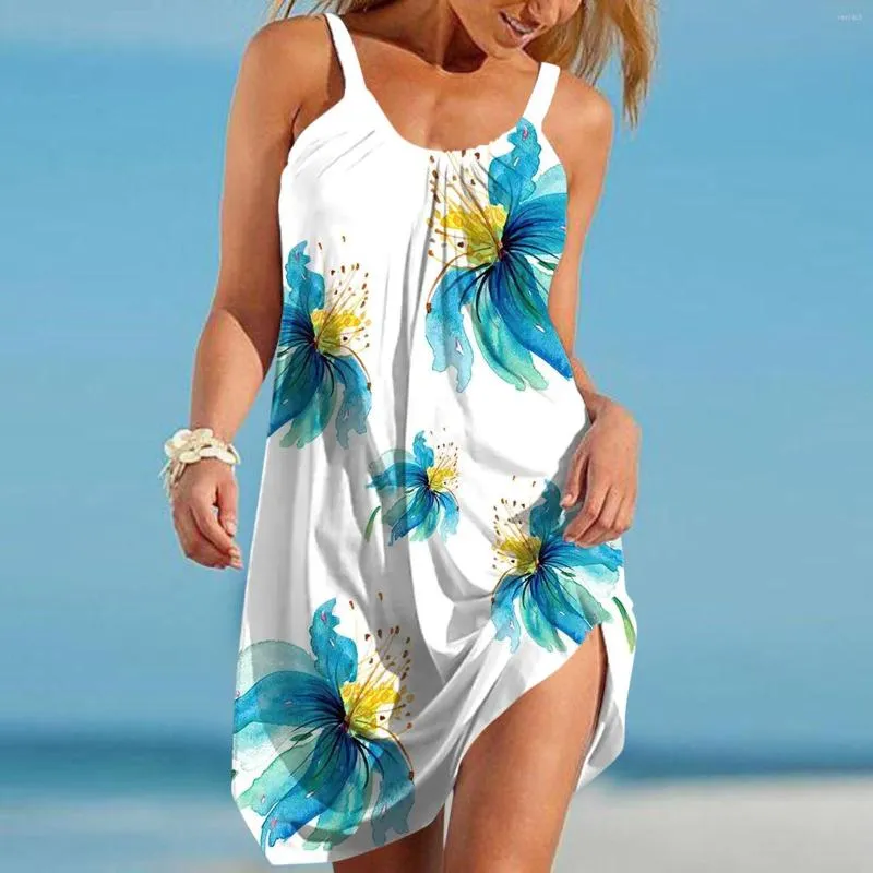 Robes décontractées Impression de fleurs Été Femmes Mode Sexy Sans manches Mignon Dessin animé Imprimer Bas Fille Lâche Robe de plage Dos nu Fête Sexe