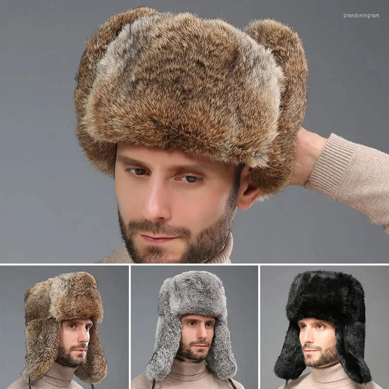 Berets Fur Cap Man Winter Furry Bomber Hat With Earflaps Outdoor Windproof Warm Earmuffs Male Flat Russian Ushanka