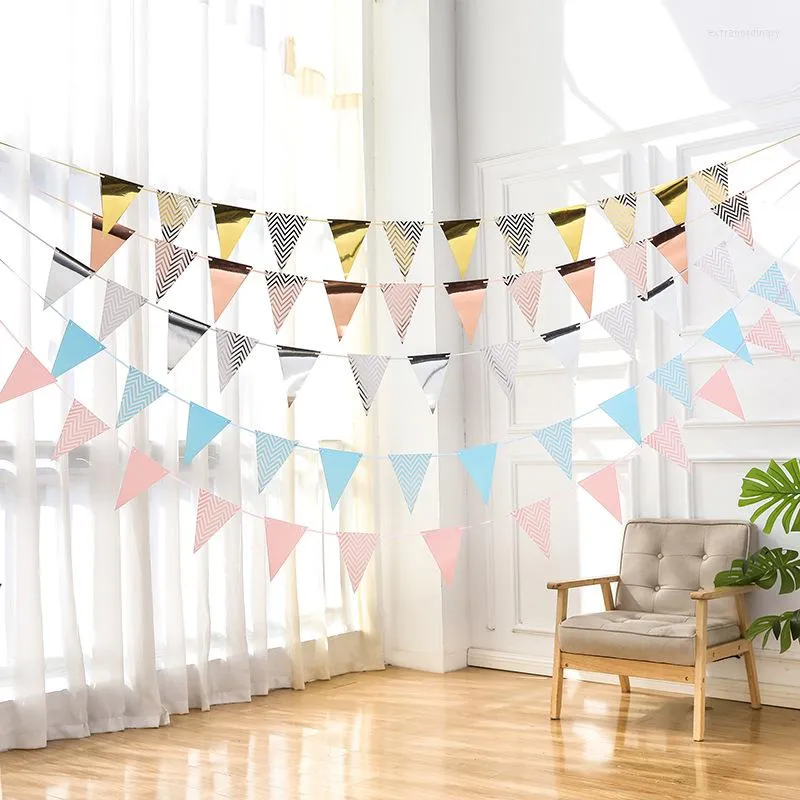 Party Decoration Stamping Pennant Wave Pull Flag Birthday Supplies Atmosphere Gold And Silver Powder Blue Banner S1212