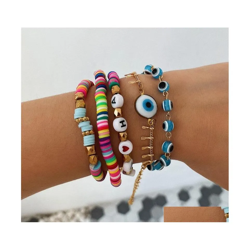 Charm Armband 5st/Set Blue Evil Eye For Women Rainbow Letter Pärlor Armband Set Fashion Jewelry1 798 Q2 Drop Leverans smycken Dhael