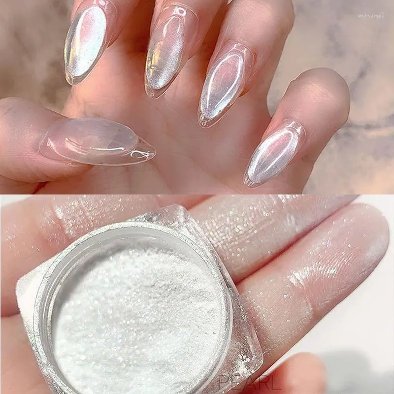 Nagel glitter 1 burk fairy glansig is vit fin pärlpulver med starkt pärlemor luster konst dammdekorationer manikyr diy verktyg