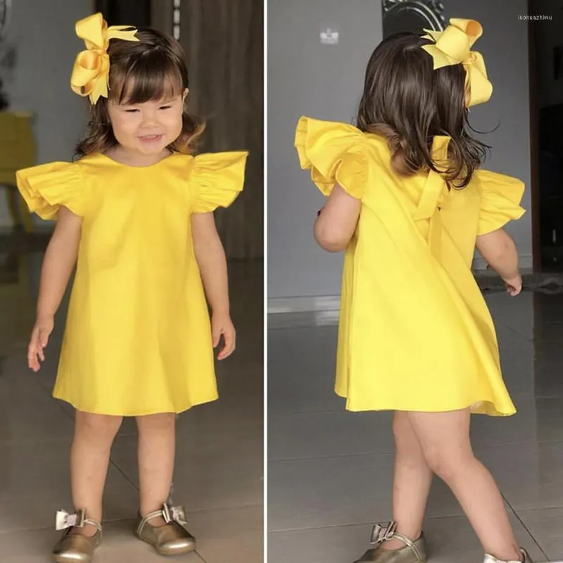 Robes d'été en coton jaune pour filles, vêtements pour bébés filles de 3 à 24 mois, à la mode, manches avec nœud solide, 2023