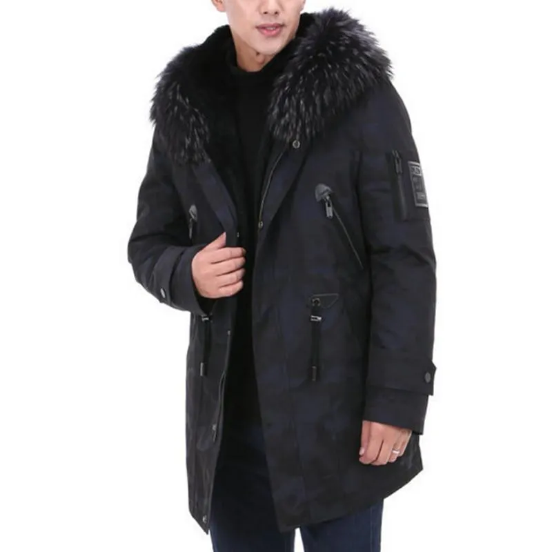 Parkas en duvet pour hommes Parka en fourrure véritable hommes veste d'hiver raton laveur naturel à capuche longs manteaux mâle militaire Camouflage vestes vêtements