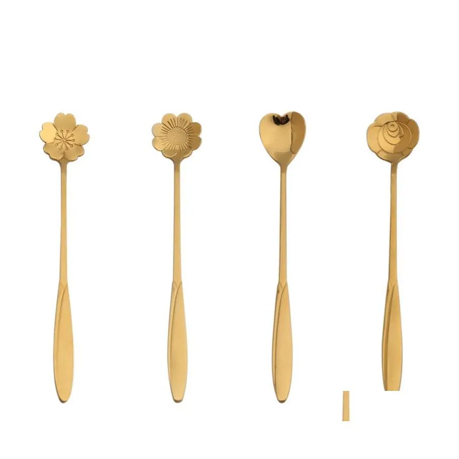 Coffee Scoops Tea Gold Spoon Long Handle Dessert Roestvrij staal Vintage theelepels Drink AFBRAND TACLEVER BLOEMEN Design Drop levering Huis Otojo