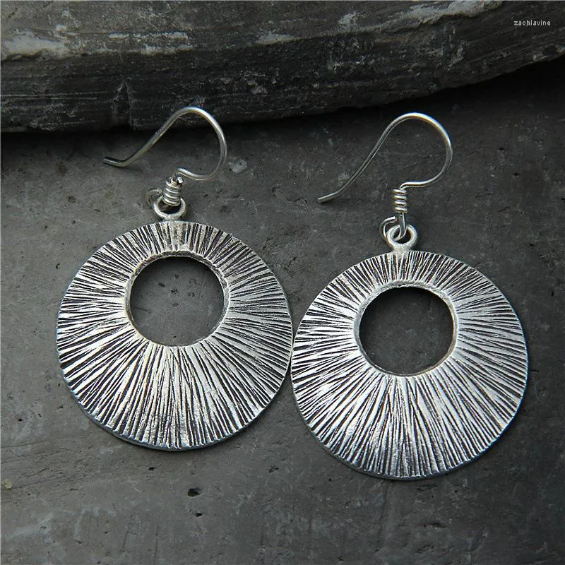 Boucles d'oreilles pendantes en argent thaïlandais rétro rond brossé goutte S925 Sterling exagéré femme bijoux filles de 18 ans