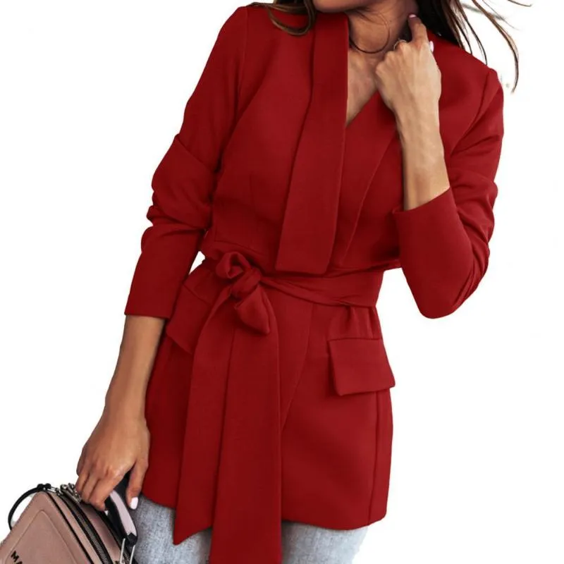 Women's Suits & Blazers Office Lady Blazer Solid Color Turndown Collar Autumn Winter Belt Lapel Coat For Daily Wear