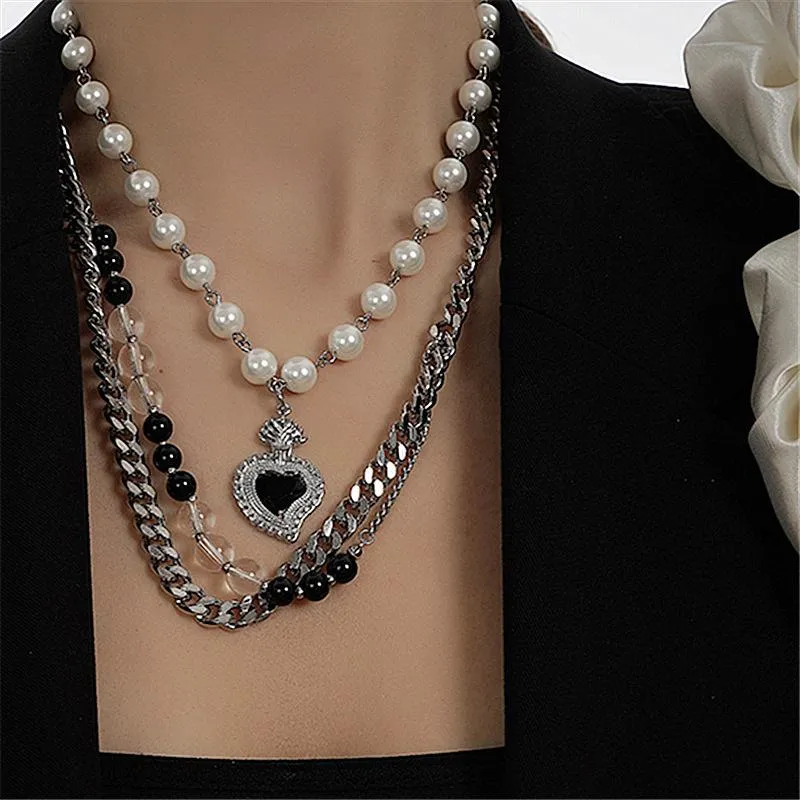 Pendentif Colliers Mode Coréenne Tempérament Noir Amour Pêche Coeur Perle Chaînes Goth Cristal Perles Ras Du Cou Pour Femmes Bijoux