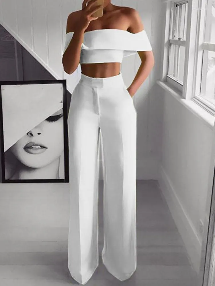 Women's Summer Two-Piece Pants Set, Off-Shoulder Crop Top and High-Waist  Pants, Elegant Slash Neck Outfit for Ladies