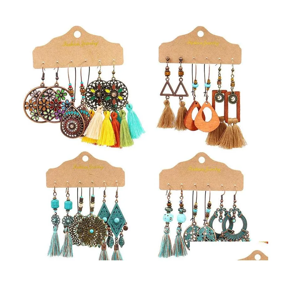 Dangle Chandelier Bohemian National Style Hoop Earrings Ancient Bronze Hollowed Flower Water Drop Charms Ear Rings 3Pairs/Set Deli Dh4H0