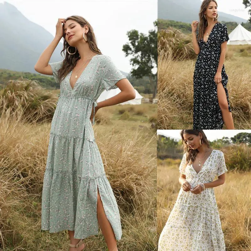 Casual Dresses 2023 Summer Beach Holiday Dress Women Floral Print Elegant Boho Long Ruffle Short-Sleeve V-neck Sexy Party Robe