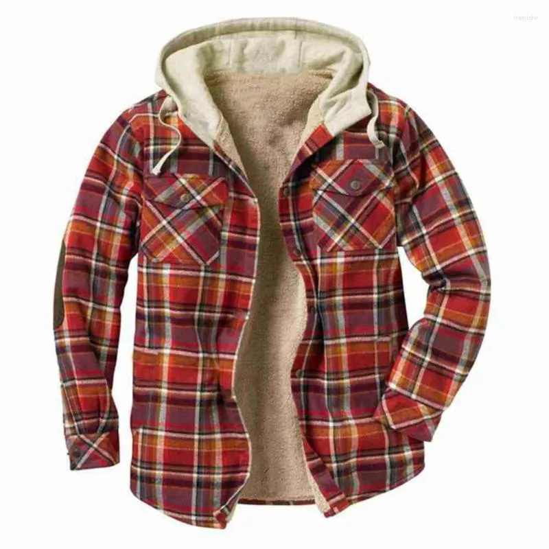 Men's Jackets Check Hooded Sweatshirt Shirt Loose Patch Pocket Jacket