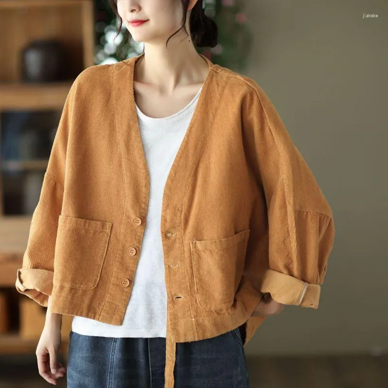 Women's Jackets Vintage Corduroy Jacket Women's Fashion Bat Long Sleeve Literary V-neck Cardigan Short Top Autumn Outerwear Coats