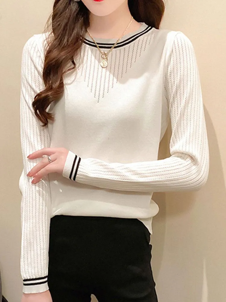 Women's Sweaters Women Sweater Black White Knitted Long Sleeve Top Casual Round Neck Pullover Jumper Female Mujer 2023 Winter ClothesWomen's