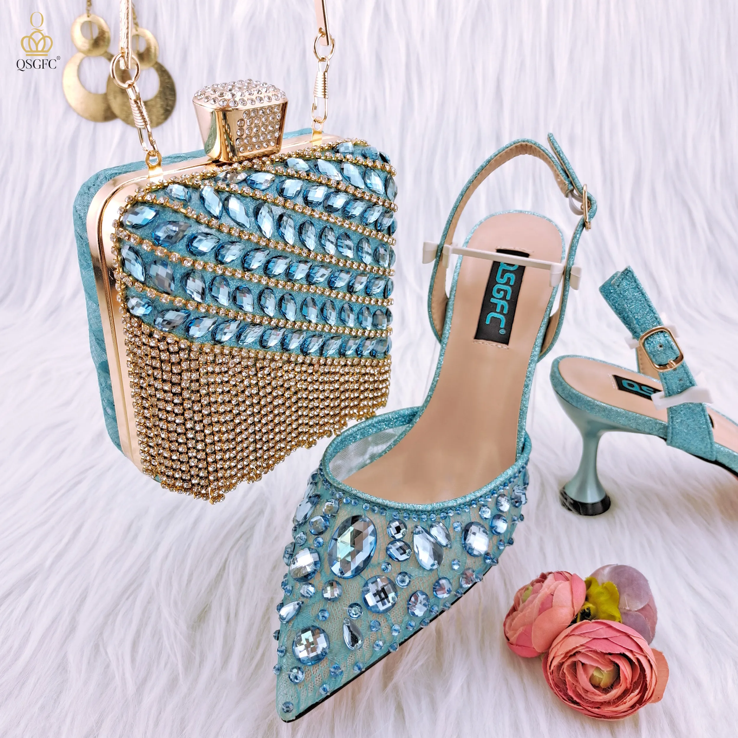 QSGFC 2023 나이지리아 패션 레이스 미니 가방과 미드 힐 뾰족한 신발 여자 파티 신발과 가방