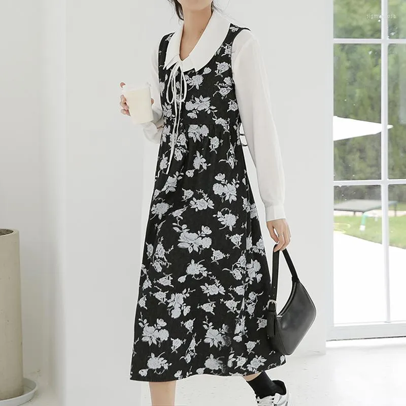 Casual Dresses Vintage Floral Long Dress Women Korean Fashion Double-layer Sleeve Elegant Bandage Y2K For 2023