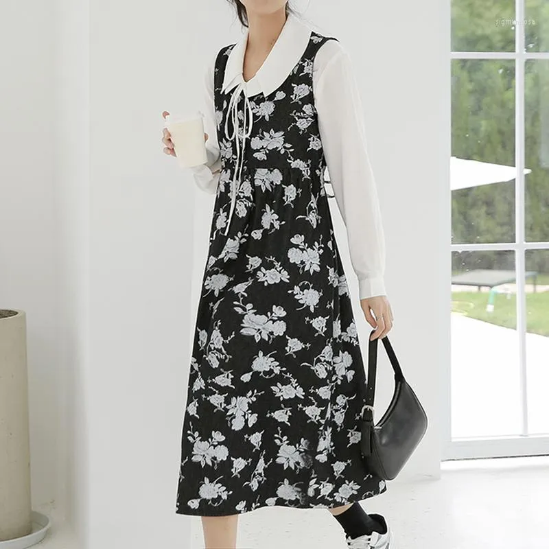 Sukienki swobodne Vintage Floral Long Dress Women Korean Fashion Podwójny rękaw Elegancki bandaż Y2K na 2023